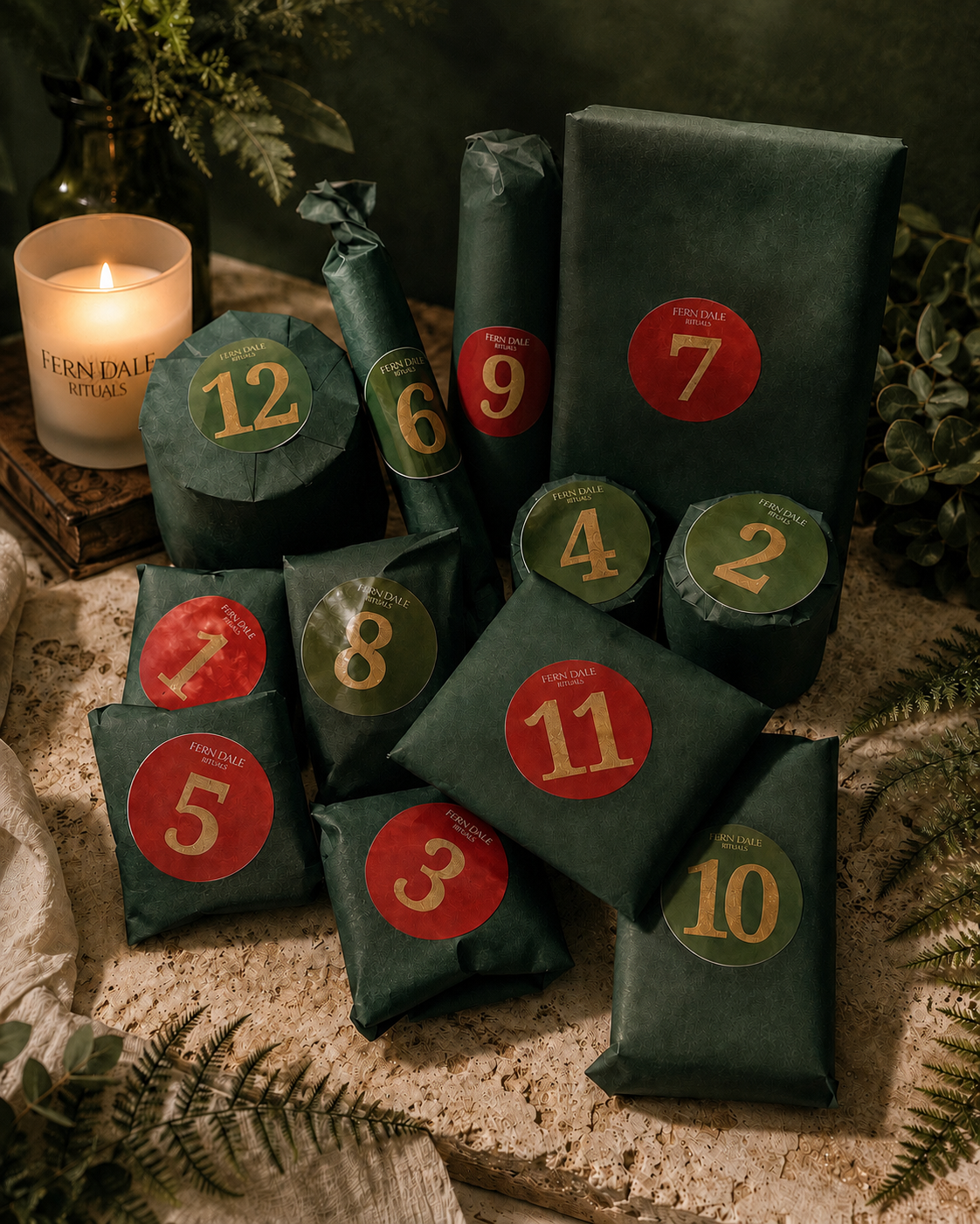 Fern Dale Christmas collection parcels wrapped in deep green with numbered seals