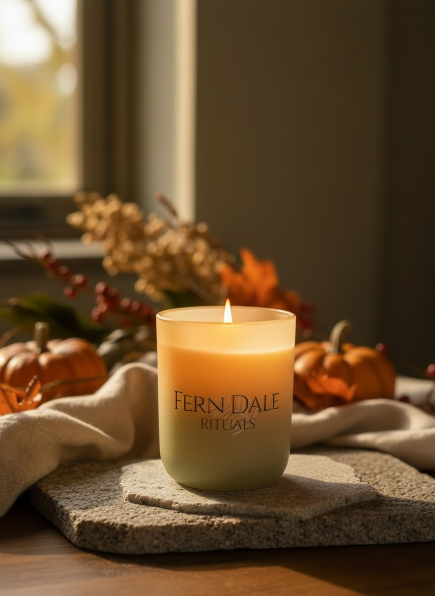 Lit Pumpkin Season Candle in a frosted glass jar on a stone base, surrounded by pumpkins, autumn leaves and draped fabric.