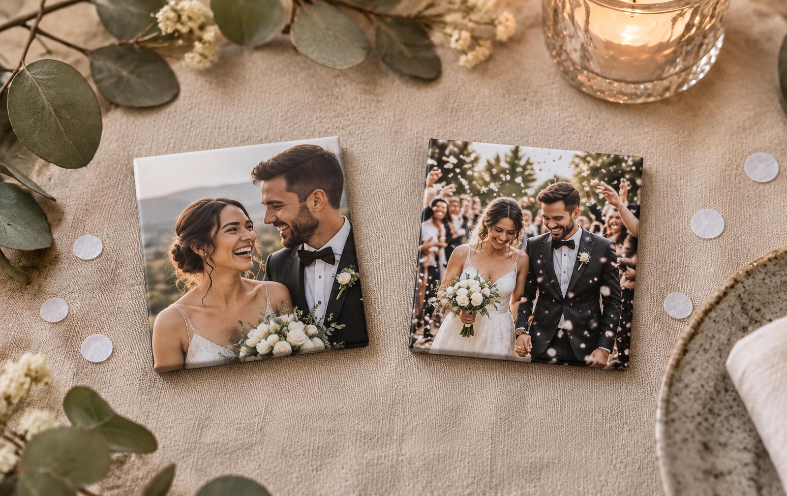 Square photo magnets of a bride, groom and guests on a linen wedding table with eucalyptus and confetti